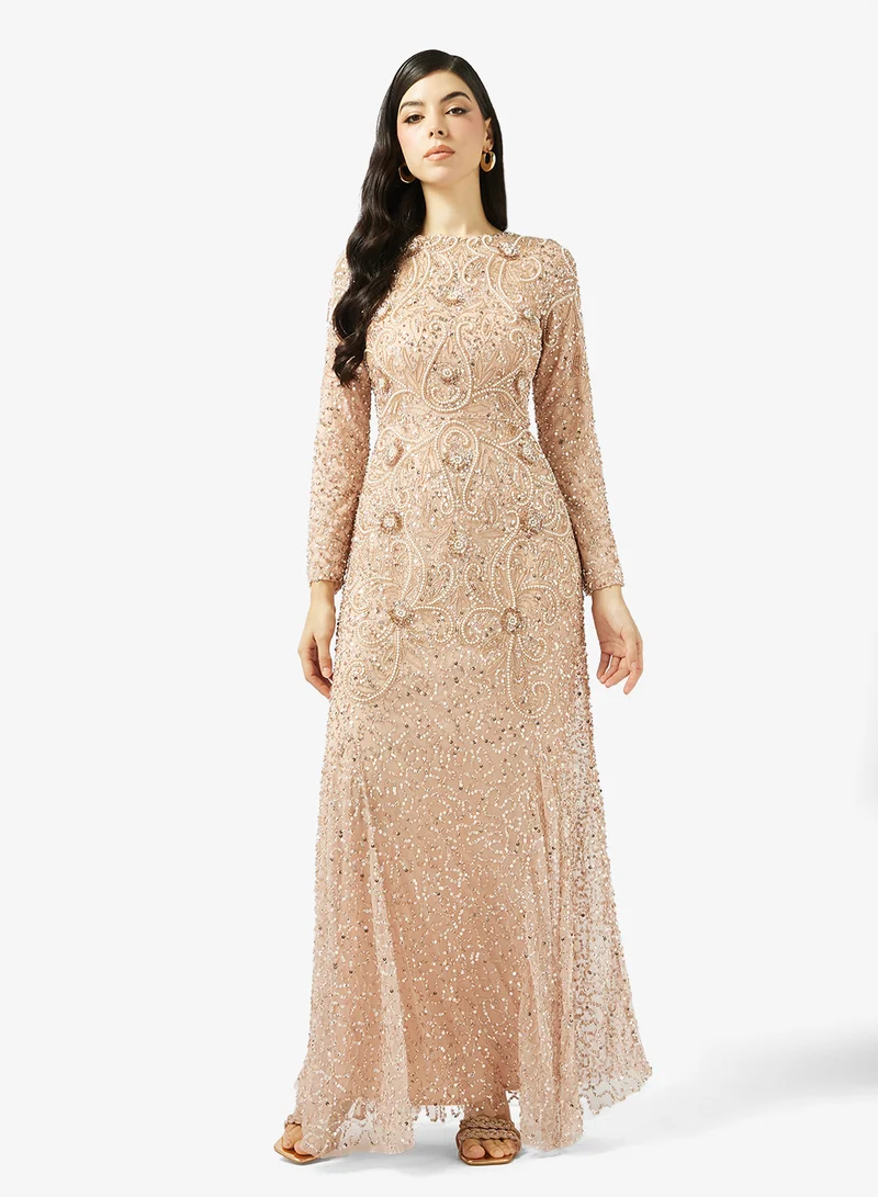 ماري فستان ماكسي مطبوع بياقة مستديرة وكشكشة